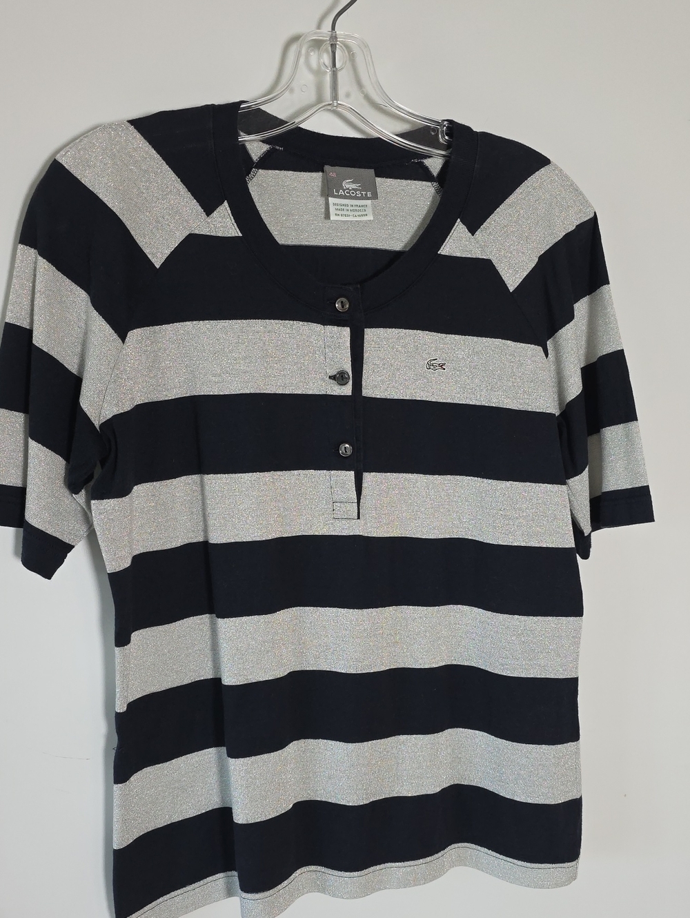 Lacoste Navy & Silver Striped Henley Tee